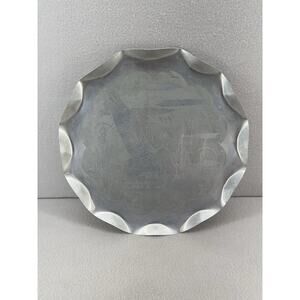 Vtg Metal Serving Tray 14” Mallard Duck Design Scalloped Edge Bar Rustic Decor